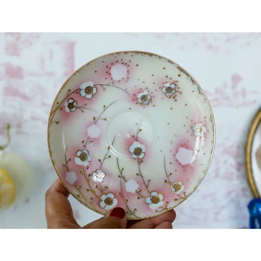 VTG Sakura Floral Butterfly Handle Teacup Set Grandmillennial Chinoiserie Retro